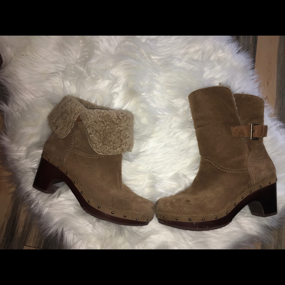 UGG Tan Suede Shearling Cuff Ankle Boots